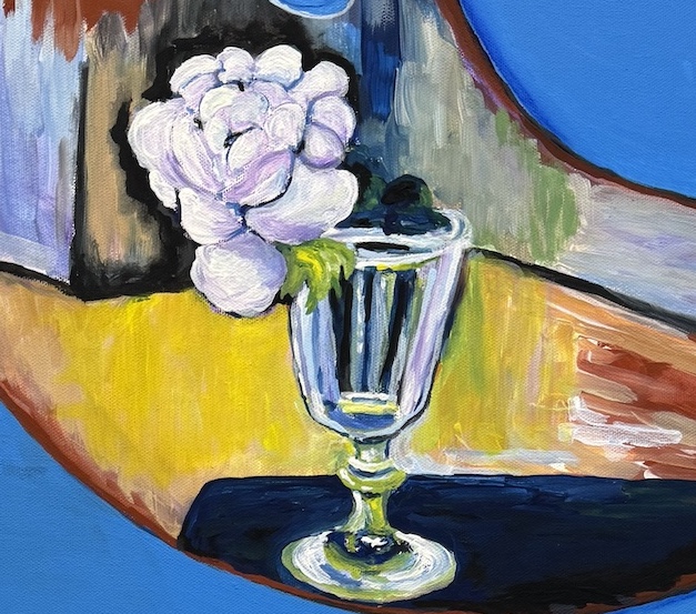 Acrylbild von Martina Munz nach einer bemalten Palette von Suzanne Valadon mit Weinglas und Rose