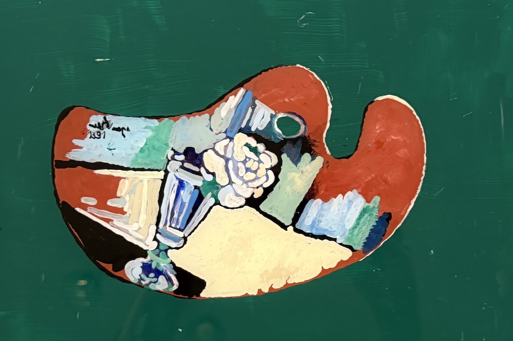 Ich experimentierte weiter und probierte nun die Palette hinter Glas zu malen; mit Acrylfarben. Wie ihr seht: Jetzt ist die Palette "spiegelverkehrt" dargestellt.