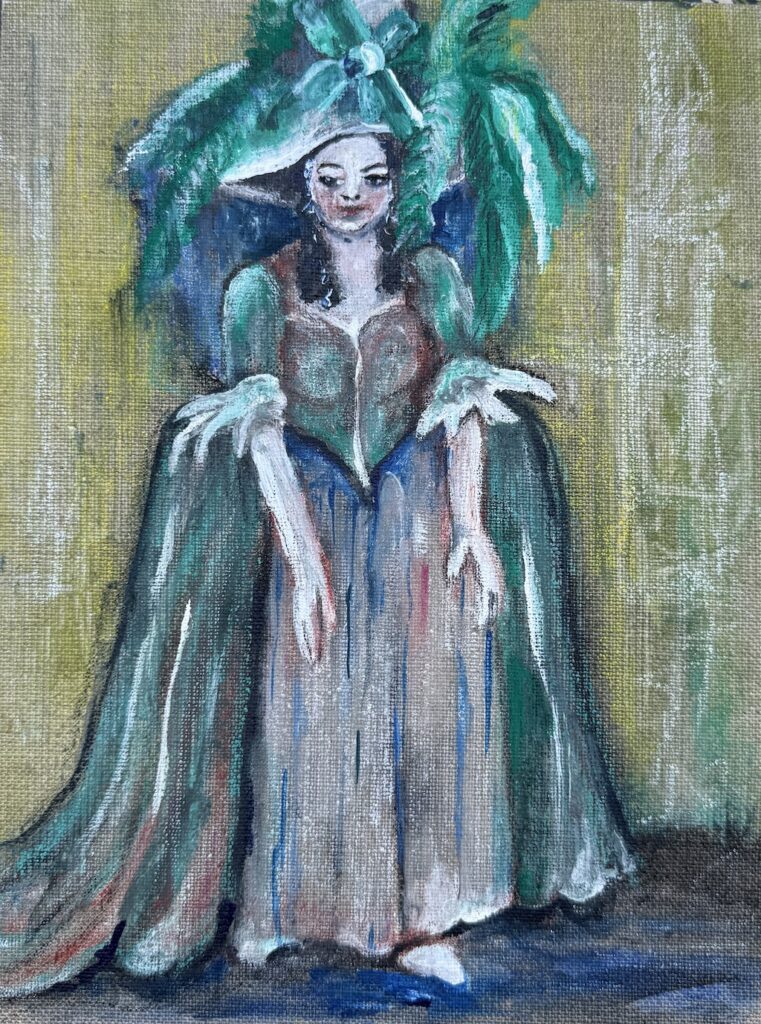 Madame Federleicht: Sie wirkt wie eine Herrscherin aus einer grünen Traumwelt :-). Tatsächlich habe ich im Internet ein Bild von Maria Antoinette mit dieser Aufmachung entdeckt.