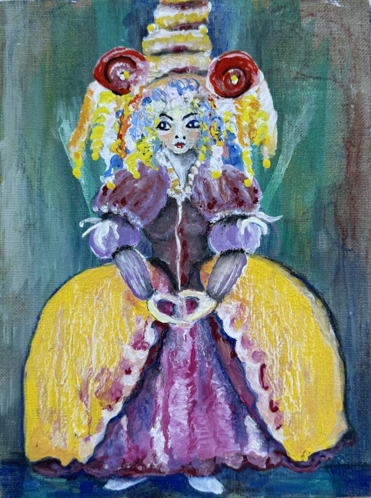 Die gelbe Robe und die turmhohe Kopfbedeckung erinnern mich an die opulente Mode der französischen Königin Marie Antoinette. Gouache auf Malplatte, jeweils 13 × 23 cm, 2026