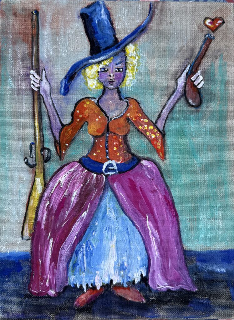 Mit Gewehr und Pistole und dem kleinen Herz malte ich ein kleines Bild von "Madame Widerstand".